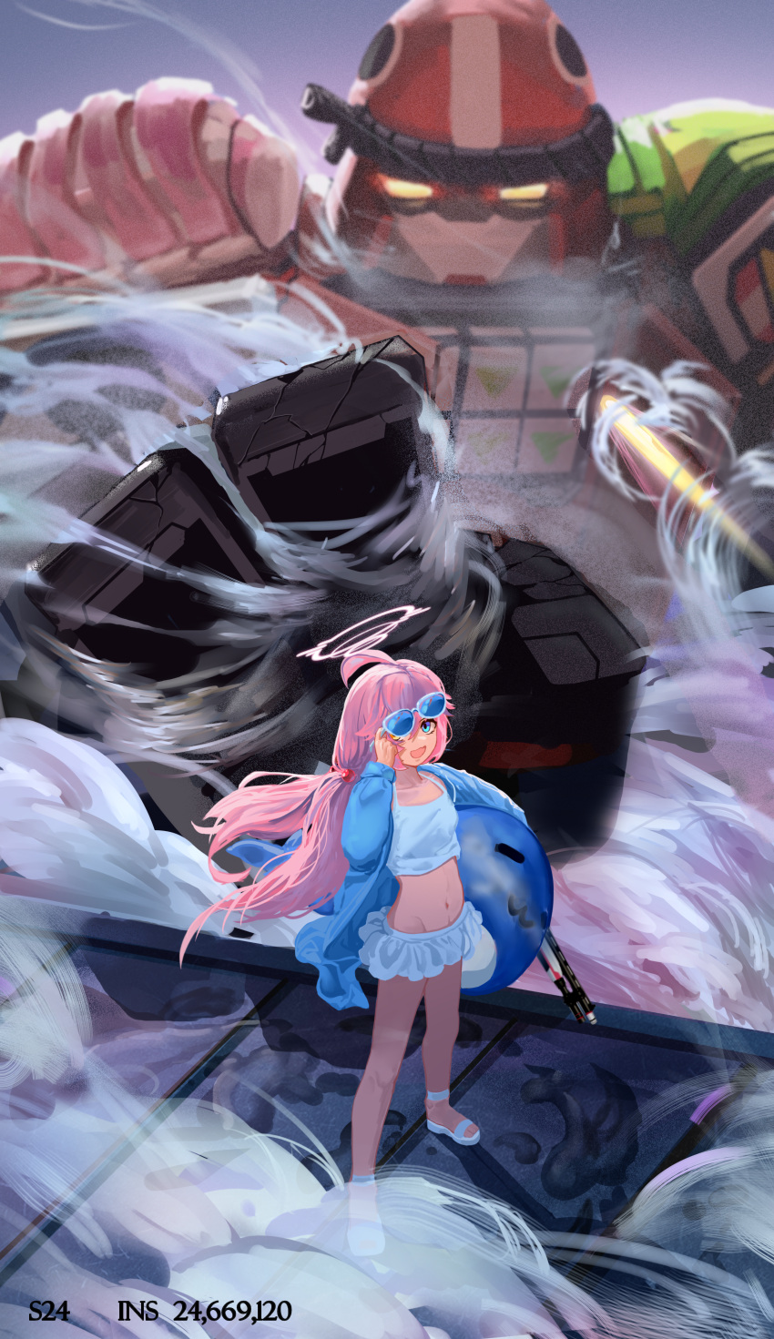 1girl, absurdres, ahoge, aircctzillie, battle, beretta_1301, bikini, blue_archive