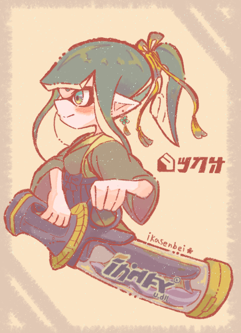 1girl, blue_hakama, closed_mouth, commentary_request, cropped_legs, decavitator_(splatoon), earrings, green_eyes, green_hair, green_haori, hakama, hakama_skirt, haori, high_ponytail, holding, holding_sword, holding_weapon, ika_senbei_(pixiv_102979606), inkling, inkling_girl, inkling_player_character, japanese_clothes, jewelry, long_hair, looking_ahead, pointy_ears, skirt, smile, solo, splatoon_(series), splatoon_3, sword, tassel, tassel_earrings, tentacle_hair, weapon, white_background