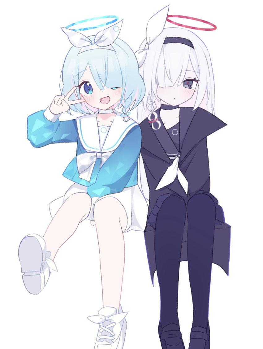 2girls, 7ben9i, absurdres, arona_(blue_archive), black_choker, black_coat, black_footwear, black_hairband, black_pantyhose, black_sailor_collar, black_serafuku, black_skirt, blue_archive, blue_eyes, blue_hair, blue_halo, blush, braid, choker, coat, colored_inner_hair, grey_eyes, hairband, halo, highres, long_hair, long_sleeves, looking_at_viewer, multicolored_hair, multiple_girls, neckerchief, one_eye_closed, open_clothes, open_coat, open_mouth, pantyhose, pink_hair, plana_(blue_archive), red_halo, sailor_collar, school_uniform, serafuku, shoes, short_hair, simple_background, single_braid, skirt, smile, v, white_background, white_footwear, white_hair, white_neckerchief, white_sailor_collar, white_skirt