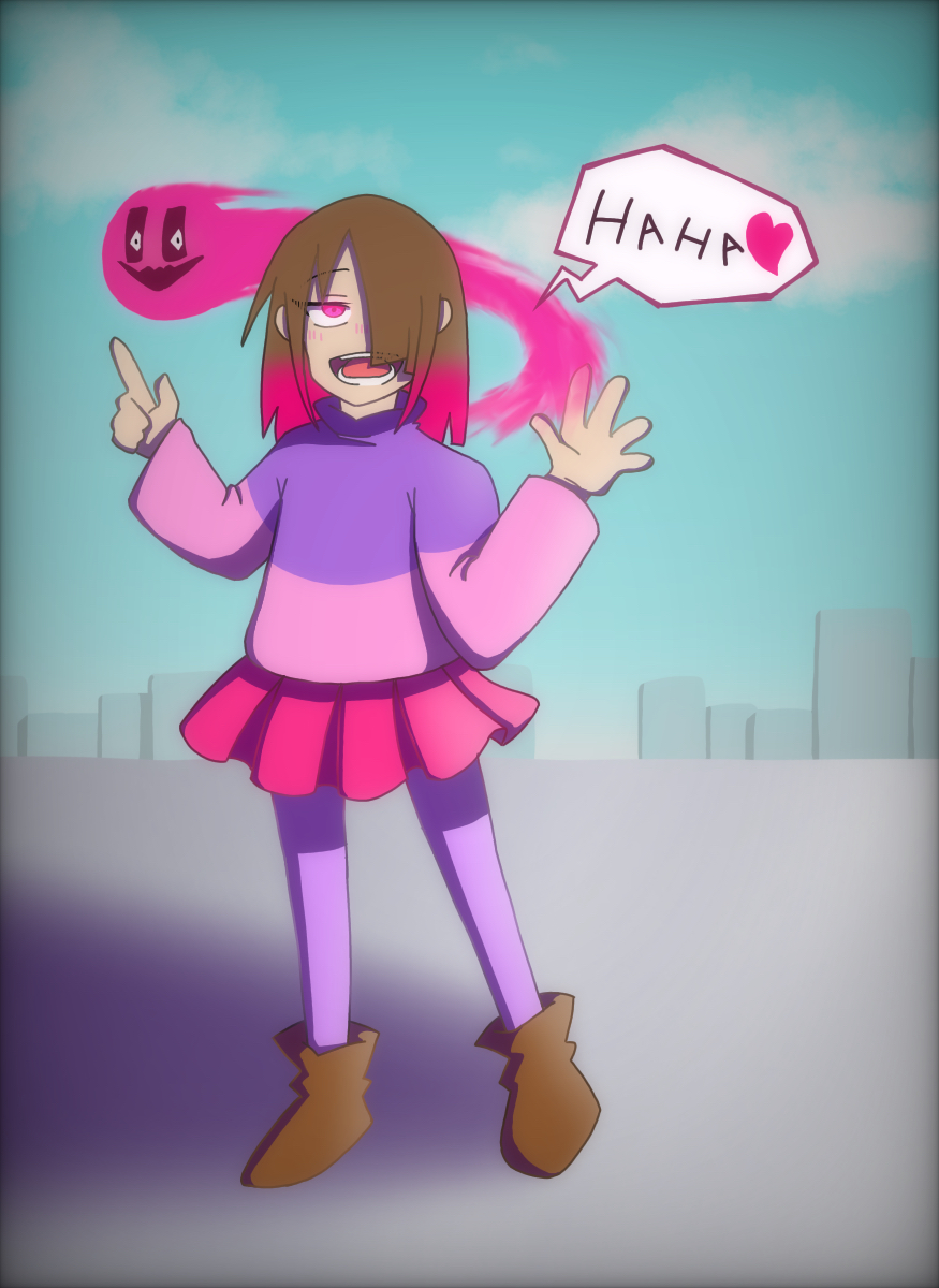 1girl, akumu_(glitchtale), alternate_universe, bete_noire, boots, brown_hair, dialogue_options, glitchtale, highres, kumu, laughing, leggings, pink_eyes, pink_hair, pink_shirt, pink_skirt, purple_leggings, purple_shirt, shirt, short_hair, skirt, smile