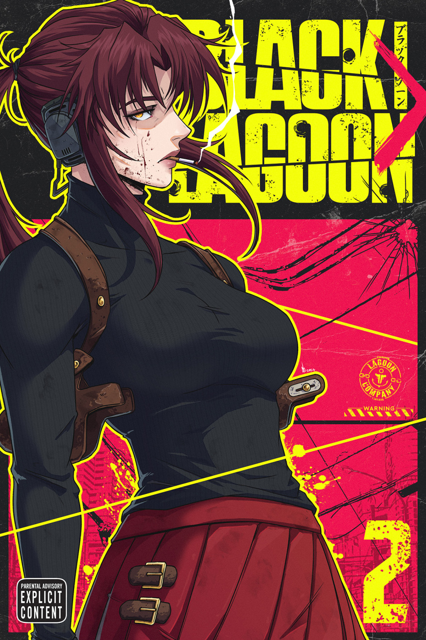 1girl, black_lagoon, black_sweater, brown_hair, cigarette, from_side, highres, holster