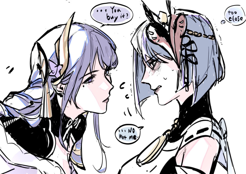 2girls, bare_shoulders, blue_hair, blunt_bangs, braid, clenched_teeth, closed_mouth, couple