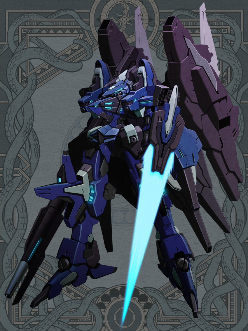 dairoku_ryouhei, energy_sword, full_body, grey_background, gun, highres, holding, holding_gun, holding_sword, holding_weapon, m_yuzuruha, mecha, no_humans, robot, solo, standing, sword, weapon
