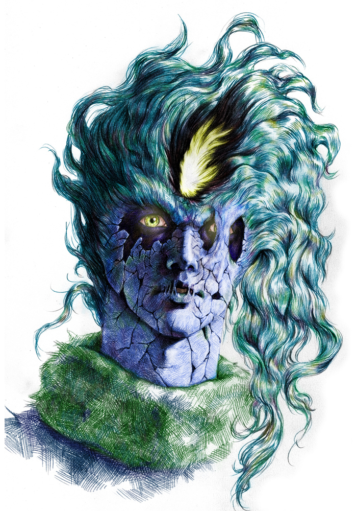 baoh_raihousha, blue_hair, blue_skin, cracked_skin, glowing, glowing_eyes, green_eyes, hashizawa_ikurou