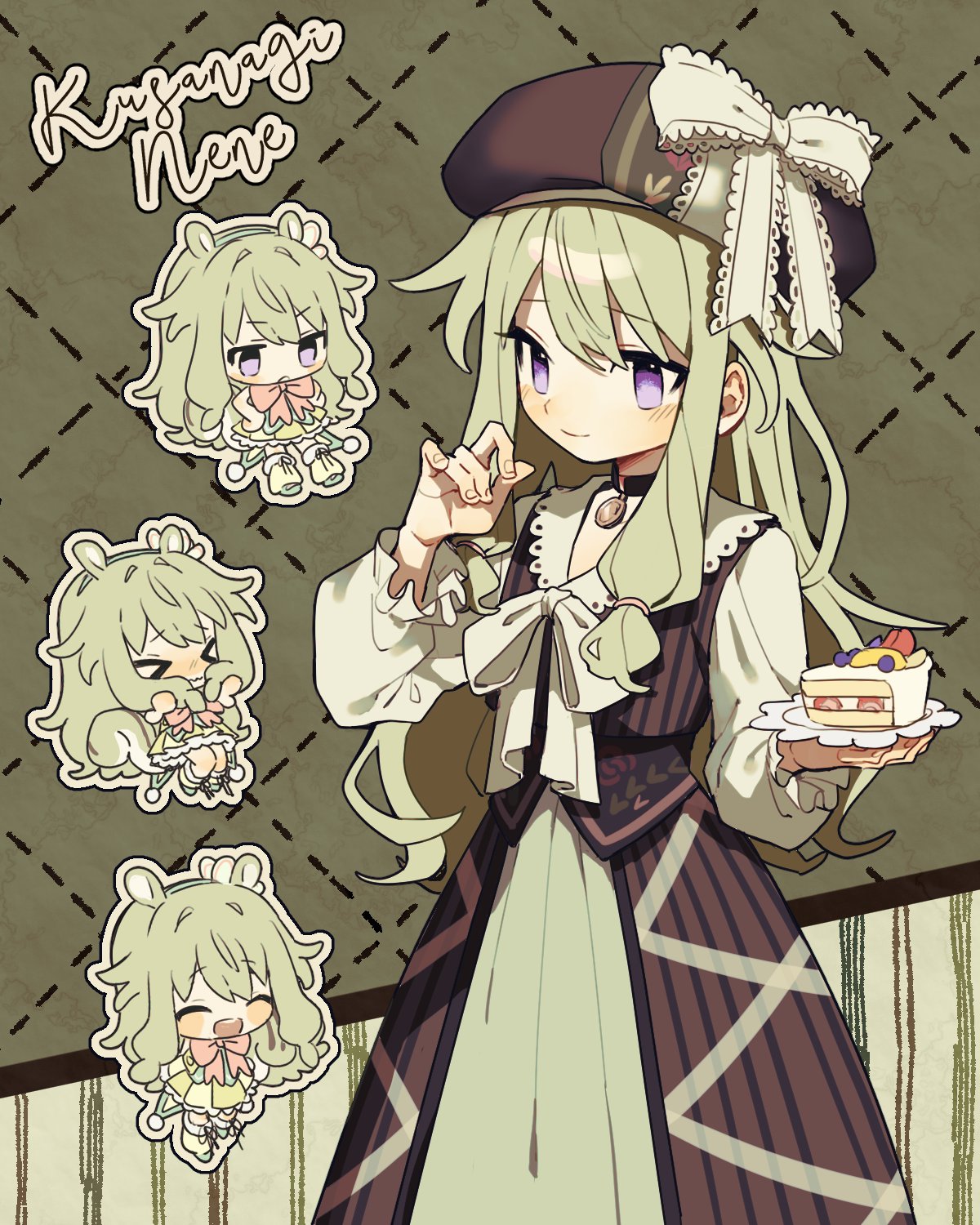 1girl, beret, blush, bow, brown_dress, brown_hat, cake, closed_mouth, dress, food, gamtwi111, green_hair, hat, hat_bow, highres, holding, holding_cake, holding_food, kusanagi_nene, long_sleeves, looking_at_viewer, low-tied_sidelocks, multiple_views, project_sekai, puffy_long_sleeves, puffy_sleeves, shirt, smile, violet_eyes, white_bow, white_shirt