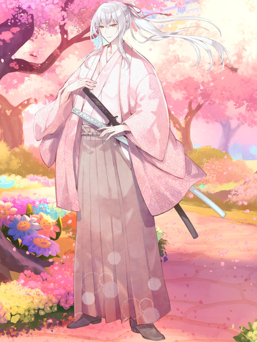 1boy, bishounen, dairoku_ryouhei, day, flower, full_body, hakama, hal_ewigskeicht