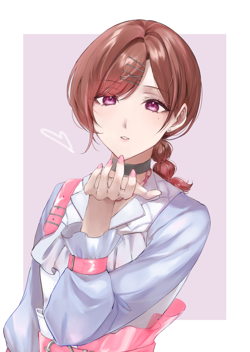 1girl, :o, absurdres, black_choker, blowing_kiss, blush, brown_hair, choker