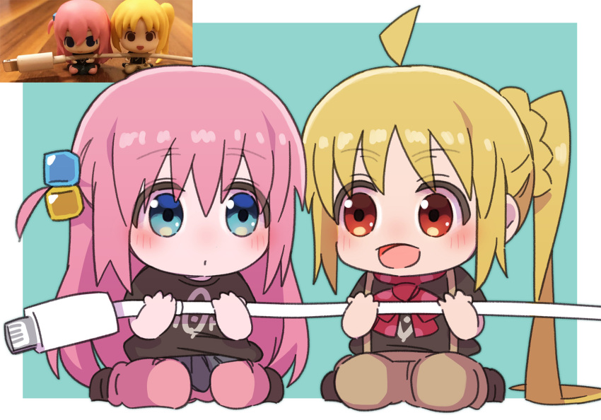 2girls, :d, ahoge, black_shirt, blonde_hair, blue_eyes, bocchi_the_rock!, bow