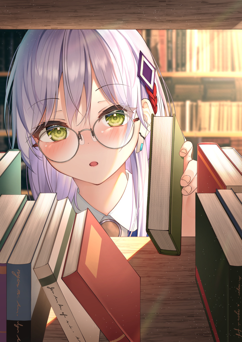 1girl, absurdres, backlighting, blush, book, bookshelf, character_request, close-up