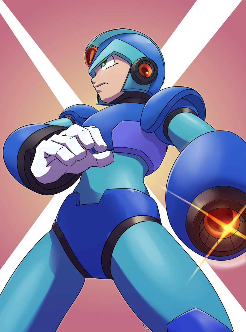 1boy, absurdres, arm_cannon, armor, blue_armor, blue_helmet, character_name, commentary_request, cowboy_shot, forehead_jewel, glint, green_eyes, helmet, highres, male_focus, mega_man_(series), mega_man_x_(series), red_background, solo, weapon, x_(mega_man), xtevecb