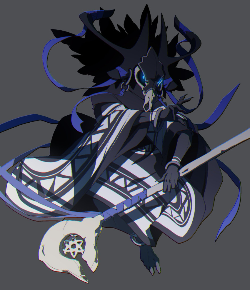 1girl, antlers, black_bodysuit, bodysuit, bone_staff, bone_weapon, colored_skin, detailed_knuckles