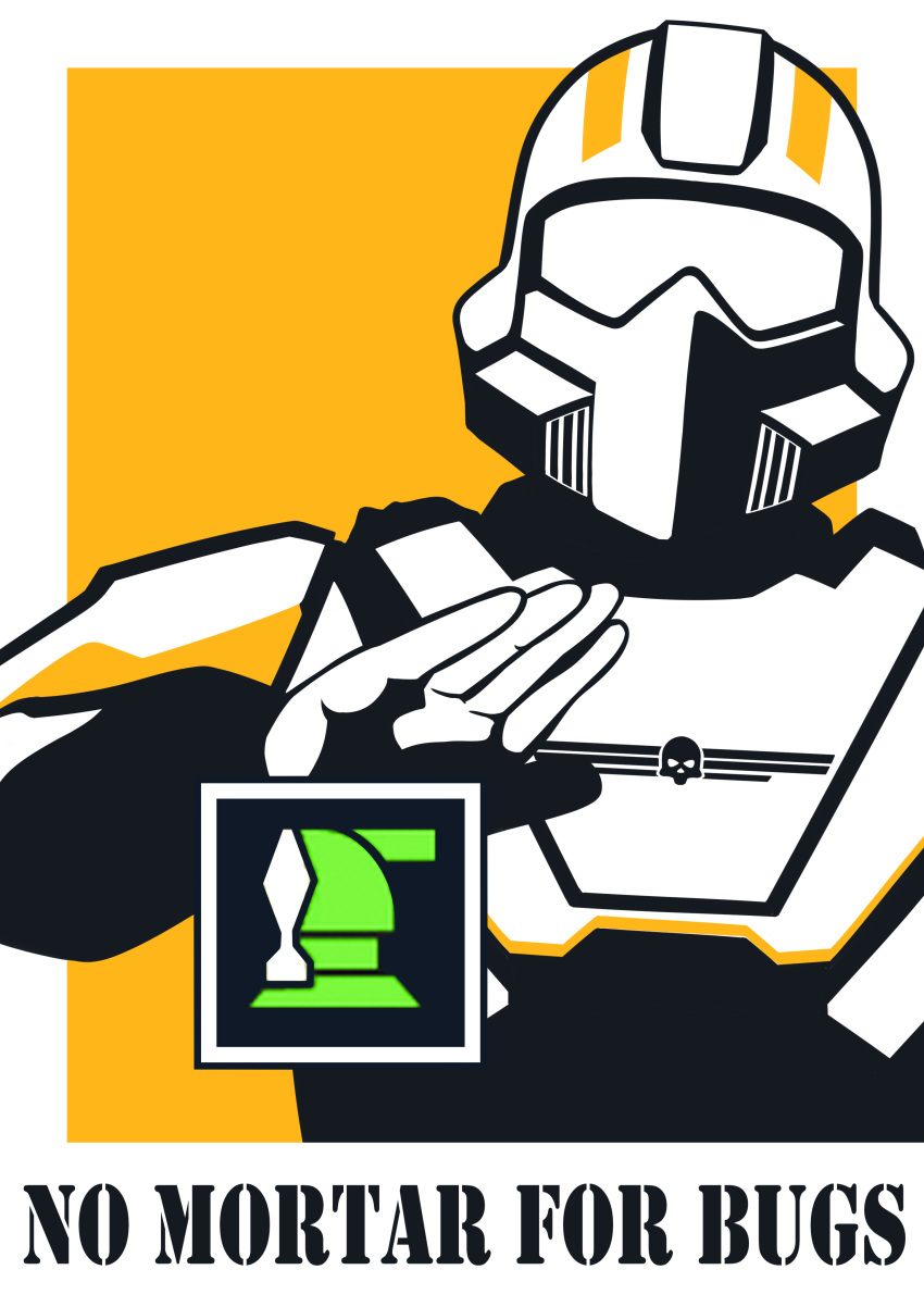 1other, absurdres, armor, border, chinese_commentary, english_text, et_rainy, gameplay_mechanics, helldiver_(helldivers), helldivers_(series), helm, helmet, highres, meme, propaganda, science_fiction, white_border, yellow_background