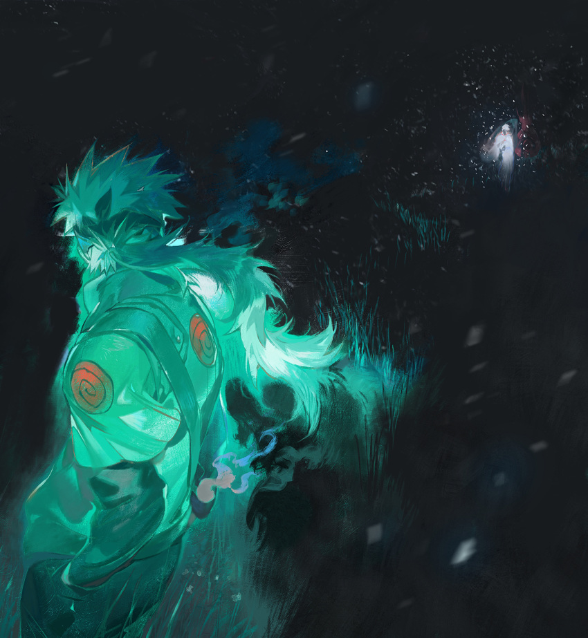 2boys, cowboy_shot, disappear, forehead_protector, ghost, green_theme, hatake_sakumo, hex_6shui, highres, lighting_cigarette, long_hair, looking_to_the_side, low_ponytail, male_focus, multiple_boys, naruto_(series), naruto_shippuuden, ninja, ootsutsuki_hagoromo, sky, solo_focus, space, star_(sky), starry_sky, uzumaki_symbol