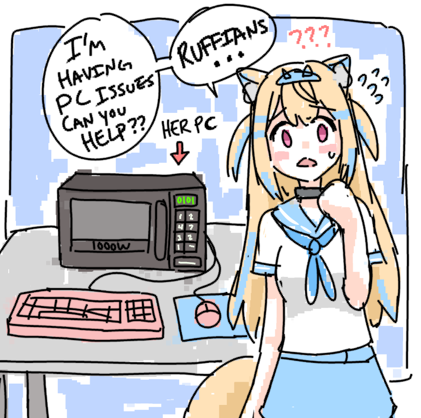 1girl, ?, ??, alternate_costume, animal_ear_fluff, animal_ears, arm_at_side, binary, blonde_hair, blue_background, blue_hair, blue_hairband, blue_neckerchief, blue_sailor_collar, blue_skirt, blush_stickers, breasts, collar, color_coordination, colored_inner_animal_ears, commentary, computer, computer_keyboard, computer_mouse, d:, dog_ears, dog_girl, dog_tail, dot_nose, english_commentary, english_text, fake_horns, flying_sweatdrops, furrowed_brow, fuwawa_abyssgard, hair_between_eyes, hairband, hand_up, hololive, hololive_english, horned_headwear, horns, light_blue_hair, long_hair, looking_at_viewer, medium_breasts, microwave, miniskirt, msp_bozo, multicolored_hair, neckerchief, outside_border, pink_eyes, pixelated, sailor_collar, school_uniform, serafuku, shirt, short_sleeves, sketch, skirt, solo, spiked_hairband, spikes, standing, straight-on, streaked_hair, summer_uniform, sweatdrop, table, tail, tech_support, two_side_up, unconventional_computer, very_long_hair, white_shirt, worried, yellow_fur