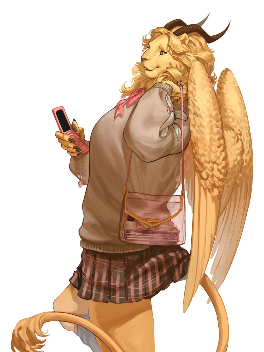 1girl, animal_ears, bag, black_nails, black_skirt, blonde_hair, body_fur, brown_cardigan