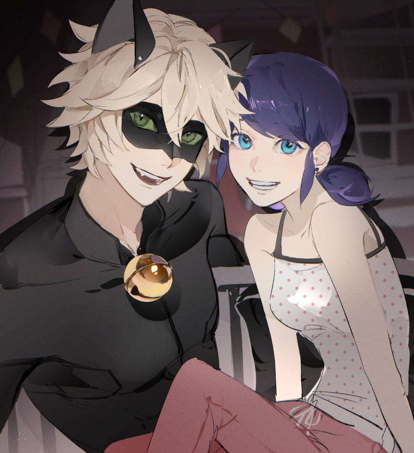 1boy, 1girl, absurdres, adrien_agreste, animal_ears, bell, black_bodysuit, black_mask, blonde_hair, blue_eyes, blue_hair, bodysuit, cat_boy, cat_ears, chat_noir, ddun_ddara, earrings, green_eyes, highres, jewelry, jingle_bell, looking_at_viewer, marinette_dupain-cheng, miraculous_ladybug, open_mouth, pants, pink_pants, polka_dot, shirt, short_hair, short_twintails, slit_pupils, smile, superhero_costume, twintails, white_shirt