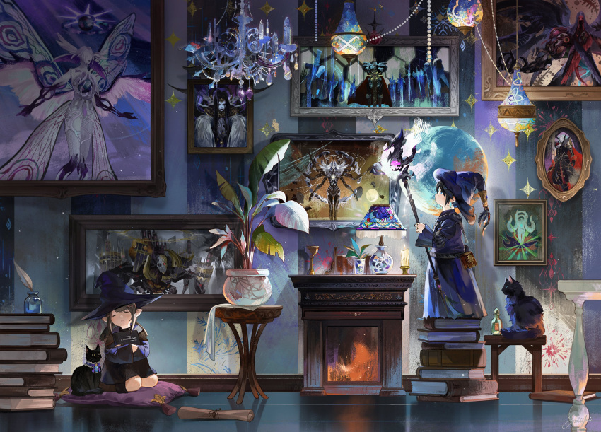 1boy, 1girl, alpha_omega_(ff14), animal, athena_(ff14), black_hair, black_hat, blue_hat, blue_robe, book, book_stack, brown_hair, cat, chandelier, closed_eyes, commentary, cushion, final_fantasy, final_fantasy_xiv, hat, hephaistos_(ff14), highres, holding, holding_staff, hydaelyn, indoors, inkwell, king_thordan, lalafell, lamp, molli_hu, omega_(final_fantasy), painting_(object), pandaemonium_(ff14), plant, pointy_ears, potted_plant, quill, robe, scenery, seiza, short_hair, sitting, staff, standing, stool, symbol-only_commentary, the_endsinger, wallpaper_(object), warrior_of_light_(ff14), wide_shot, witch_hat, zenos_yae_galvus, zodiark_(ff14)