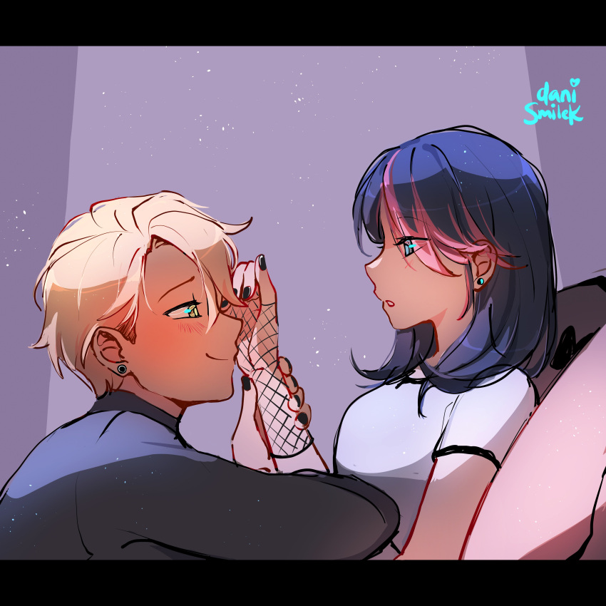 1boy, 1girl, absurdres, adrien_agreste, black_shirt, blonde_hair, blue_eyes, blue_hair