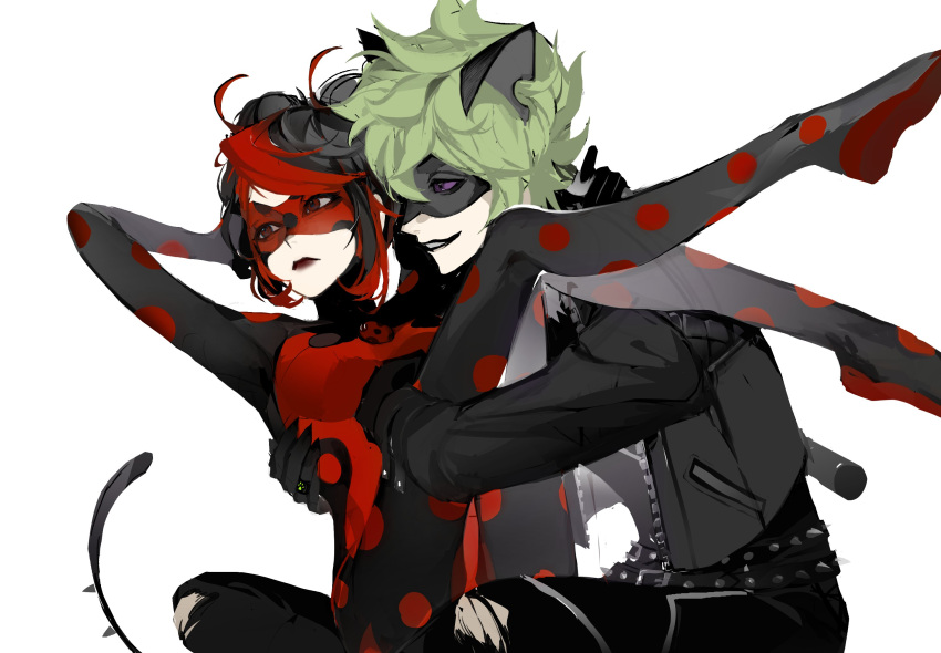 1boy, 1girl, adrien_agreste, animal_ears, black_mask, black_pants, bodysuit, carrying, cat_boy, cat_ears, cat_tail, claw_noir, closed_mouth, ddun_ddara, double_bun, green_hair, hair_bun, highres, jacket, leather, leather_jacket, marinette_dupain-cheng, mask, miraculous_ladybug, pants, polka_dot, princess_carry, red_bodysuit, red_eyes, red_mask, shadybug, slit_pupils, smile, superhero_costume, tail, violet_eyes, white_background