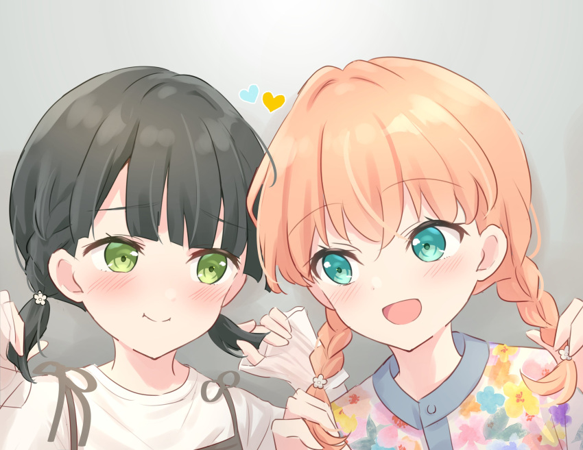 2girls, :d, :i, alt_text, alternate_costume, alternate_hairstyle, aqua_eyes, black_hair, blunt_bangs, blush, braid, closed_mouth, commentary_request, crossed_bangs, eye_contact, floral_print_shirt, flower, french_braided_twintails, gradient_background, green_eyes, grey_background, hair_flower, hair_ornament, heart, highres, hinoshita_kaho, holding, holding_own_hair, link!_like!_love_live!, long_sleeves, looking_at_another, love_live!, low_twin_braids, low_twintails, medium_hair, momose_ginko, multiple_girls, open_mouth, orange_hair, portrait, shirt, side_braids, sleeves_past_wrists, smile, split_mouth, twin_braids, twintails, virtual_youtuber, white_shirt, yutuki_ame