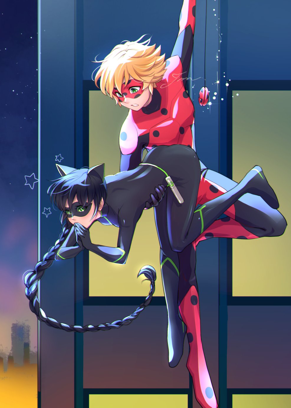 1boy, 1girl, adrien_agreste, animal_ears, black_bodysuit, black_hair, black_mask, bodysuit