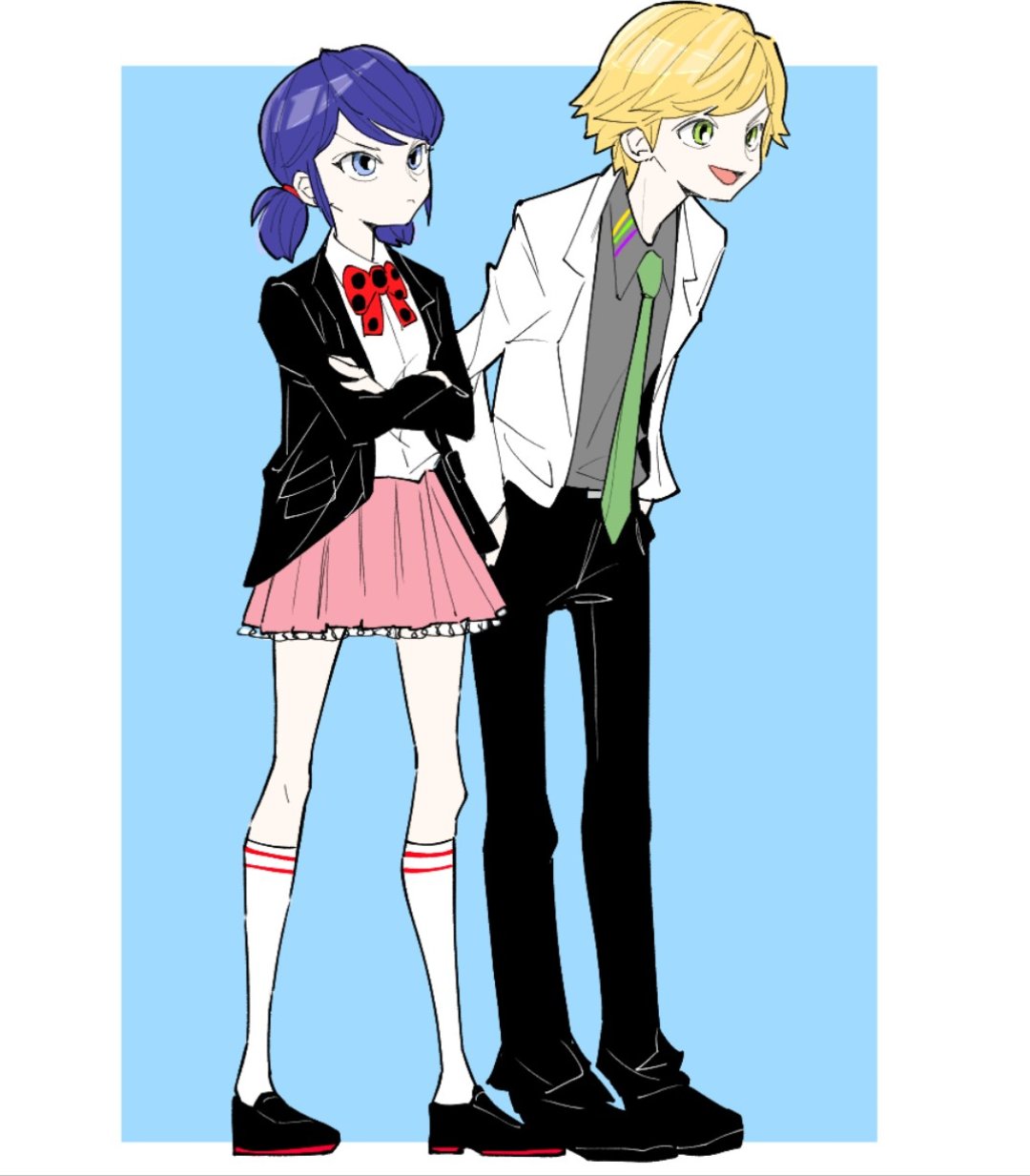 1boy, 1girl, adrien_agreste, black_footwear, black_jacket, blonde_hair, blue_background, blue_eyes