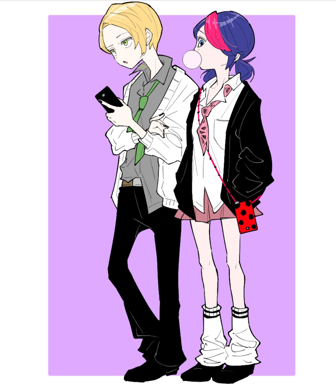 1boy, 1girl, adrien_agreste, black_footwear, black_jacket, blonde_hair, blue_eyes, blue_hair