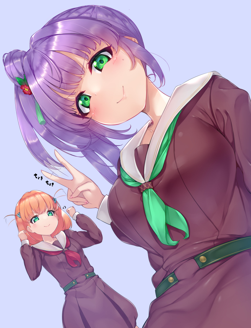 2girls, absurdres, afterimage, breasts, brown_dress, cerise_bouquet, clenched_hands, closed_mouth, commentary_request, crossed_bangs, dress, expressive_hair, flower, gatchu, green_eyes, green_neckerchief, hair_bun, hair_flower, hair_ornament, hands_up, hasu_no_sora_school_uniform, highres, hinoshita_kaho, large_breasts, link!_like!_love_live!, lone_nape_hair, long_hair, long_sleeves, looking_at_viewer, love_live!, medium_breasts, medium_dress, medium_hair, multiple_girls, neckerchief, orange_hair, otomune_kozue, pleated_dress, purple_background, purple_hair, rabbit_hair_ornament, red_flower, red_neckerchief, sailor_collar, sailor_dress, school_uniform, selfie, side_ponytail, sidelocks, single_side_bun, smile, split_mouth, two_side_up, v, virtual_youtuber, white_sailor_collar, winter_uniform