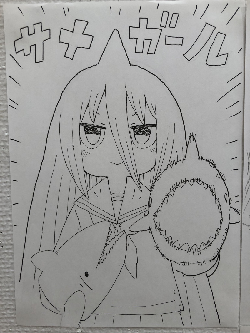 1girl, :>, closed_mouth, commentary_request, eyebrows_hidden_by_hair, fukada_ichika, greyscale, hair_between_eyes