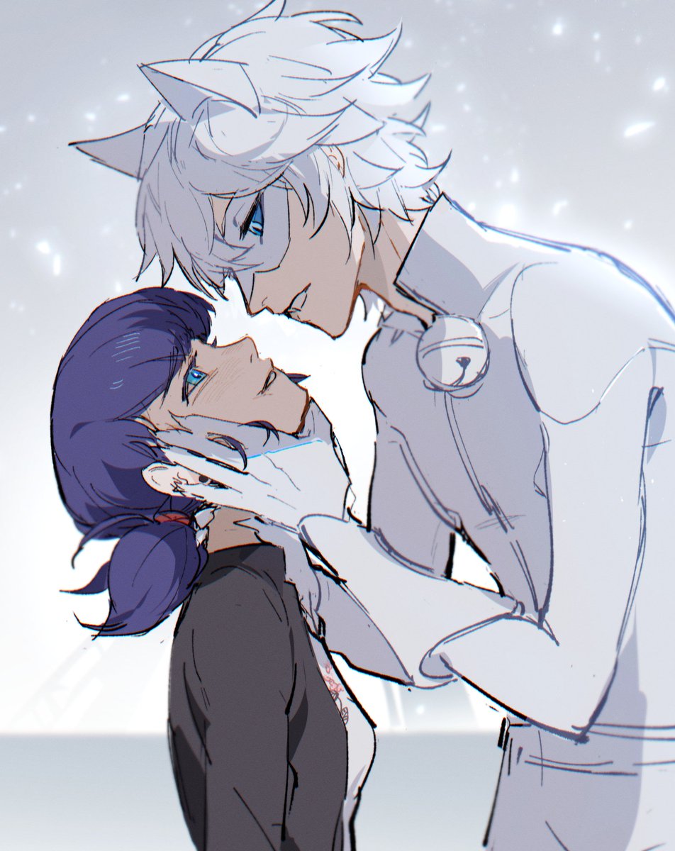 1boy, 1girl, adrien_agreste, animal_ears, bell, black_jacket, blazer, blue_eyes