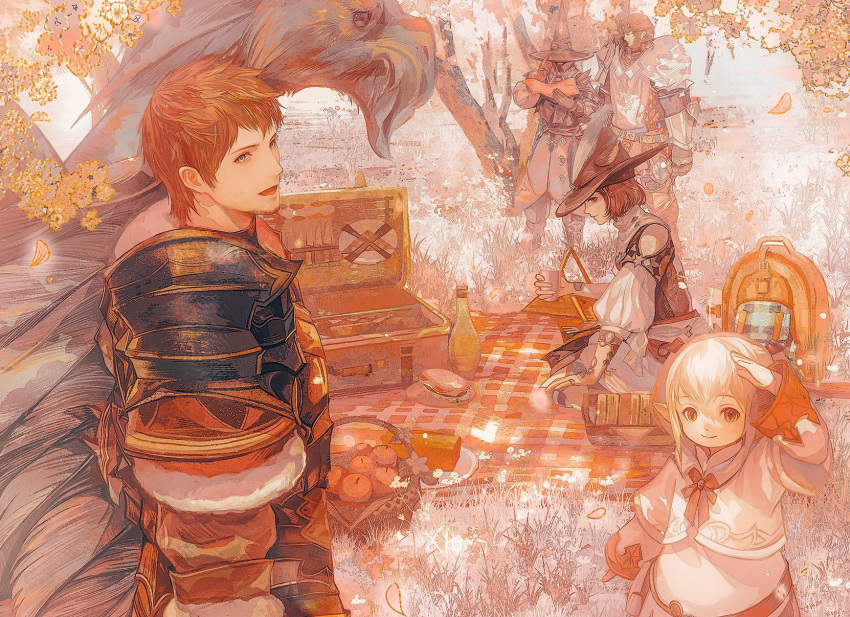 2girls, 3boys, amaro_(ff14), apple, ardbert_hylfyst, armor, backpack, bag