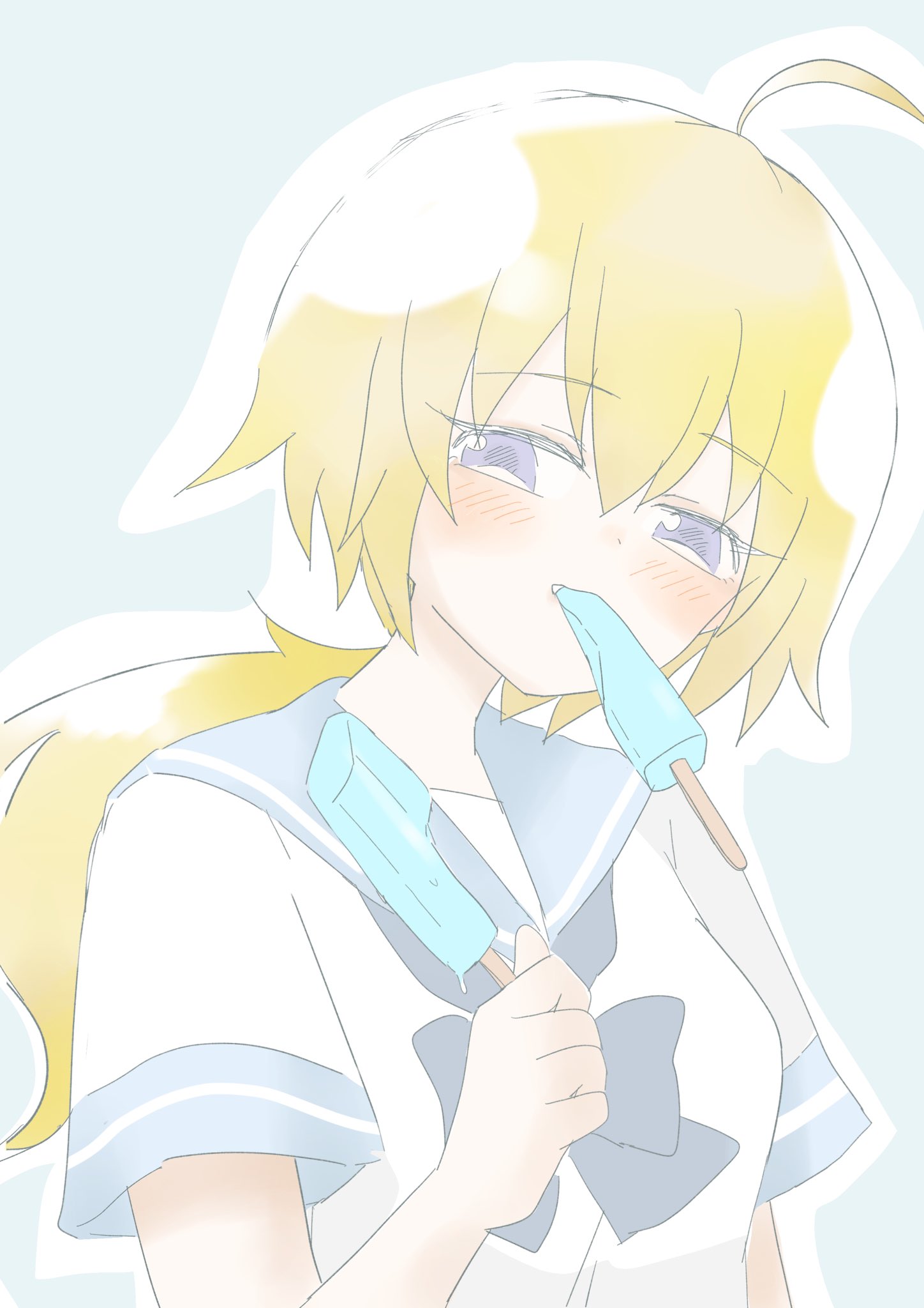 1girl, ahoge, amano_soraha, arm_at_side, assault_lily, black_bow, blonde_hair, blue_sailor_collar