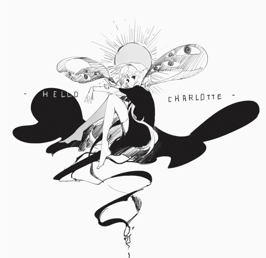 1girl, bare_legs, charlotte_wiltshire, copyright_name, dress, full_body, greyscale, halo