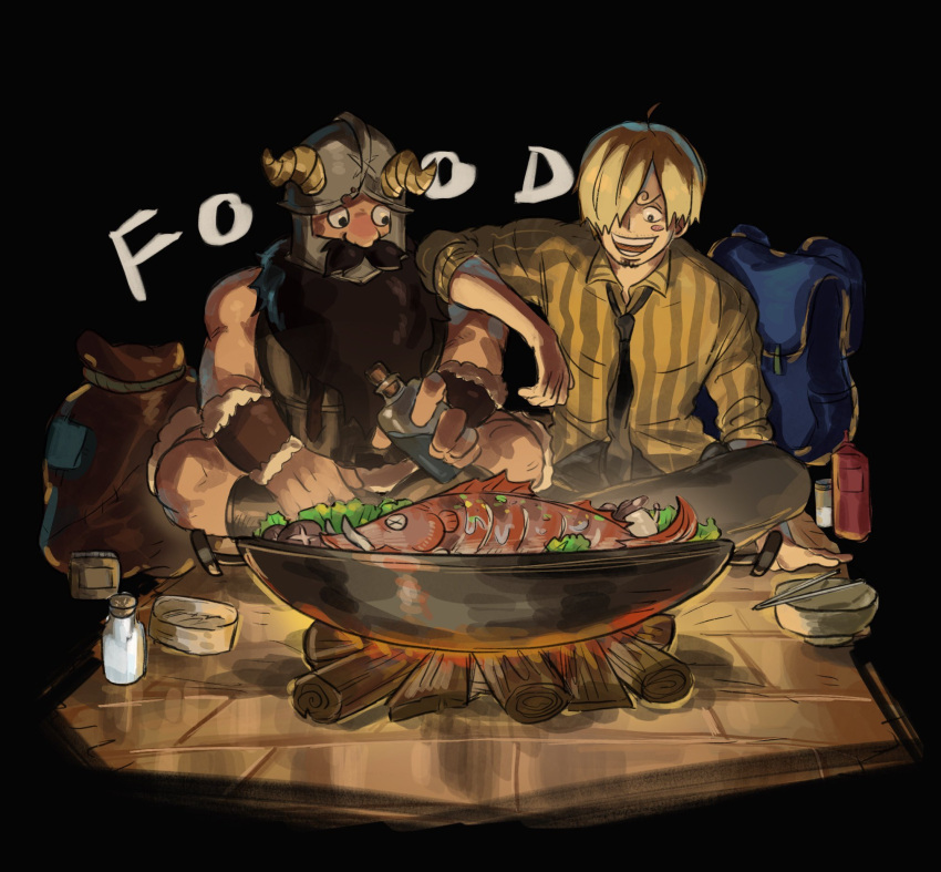 2boys, :d, beard, blonde_hair, blush_stickers, cooking, crossover, dungeon_meshi, dwarf, english_text, facial_hair, fake_horns, helmet, highres, horned_helmet, horns, long_beard, male_focus, mrjieshisu, multiple_boys, mustache, one_piece, sanji_(one_piece), senshi_(dungeon_meshi), side-by-side, sitting, smile, thick_mustache, trait_connection, very_long_beard, wok