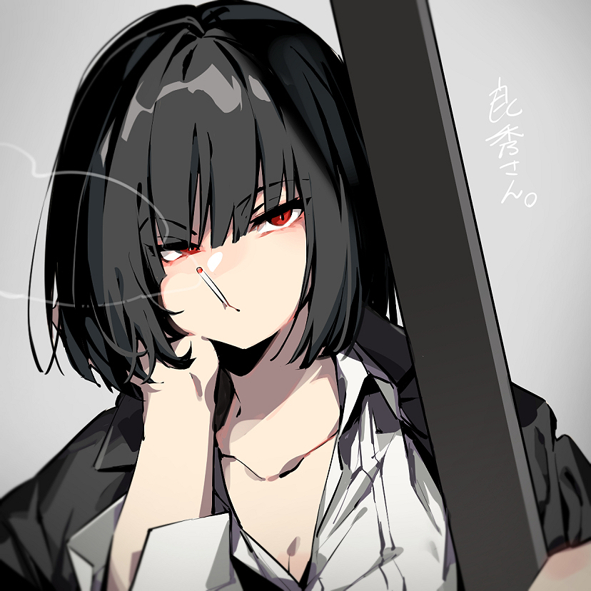 1girl, black_coat, black_hair, cigarette, coat, coat_on_shoulders, collared_shirt, grey_background