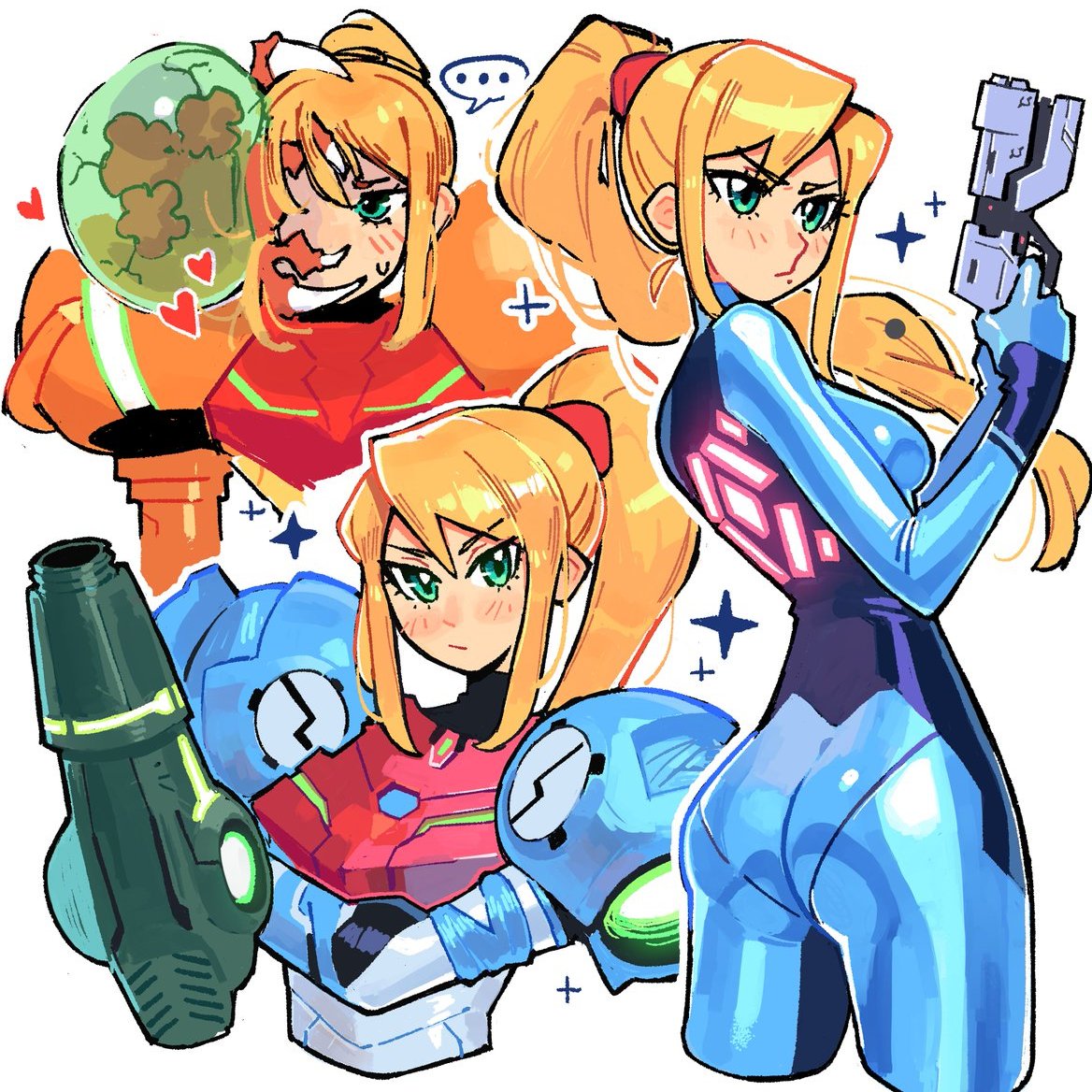 1girl, arm_cannon, armor, ass, blonde_hair, blue_bodysuit, blue_eyes, blush