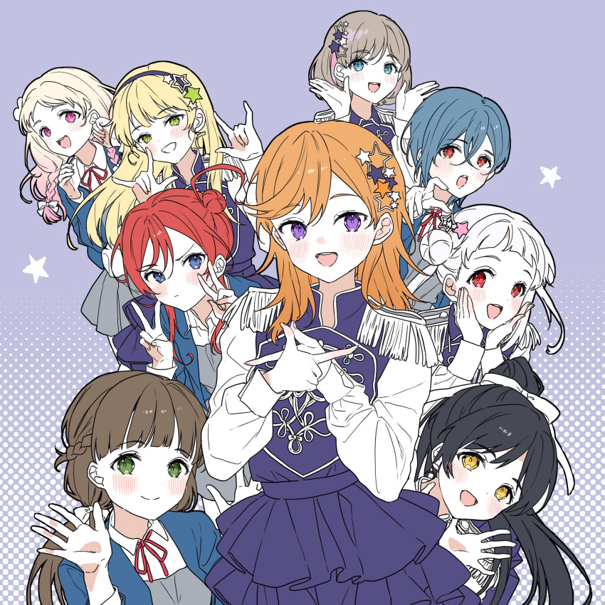 6+girls, \m/, aqua_eyes, arashi_chisato, ban_(one_ban7241), black_hair, blonde_hair, blue_eyes, blue_hair, blue_jacket, blunt_bangs, blush, brown_hair, closed_mouth, collared_shirt, commentary_request, double_\m/, double_bun, double_v, dress, epaulettes, gradient_hair, green_eyes, grey_dress, grey_hair, hair_bun, hair_ornament, hands_on_own_cheeks, hands_on_own_face, hands_up, hazuki_ren, heanna_sumire, highres, jacket, long_hair, long_sleeves, looking_at_viewer, love_live!, love_live!_superstar!!, multicolored_hair, multiple_girls, neck_ribbon, onitsuka_natsumi, open_clothes, open_jacket, open_mouth, orange_hair, pink_eyes, pink_hair, ponytail, purple_dress, red_eyes, red_ribbon, redhead, ribbon, sakurakoji_kinako, school_uniform, shibuya_kanon, shirt, sing!_shine!_smile!, single_side_bun, star_(symbol), star_hair_ornament, tang_keke, twintails, upper_body, v, v-shaped_eyebrows, violet_eyes, wakana_shiki, white_hair, white_shirt, winter_uniform, yellow_eyes, yoneme_mei, yuigaoka_school_uniform