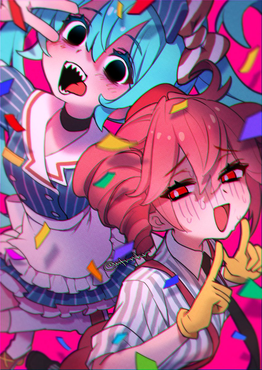 2girls, apron, black_eyes, black_mouth, blue_dress, blue_hair, blush, buttons