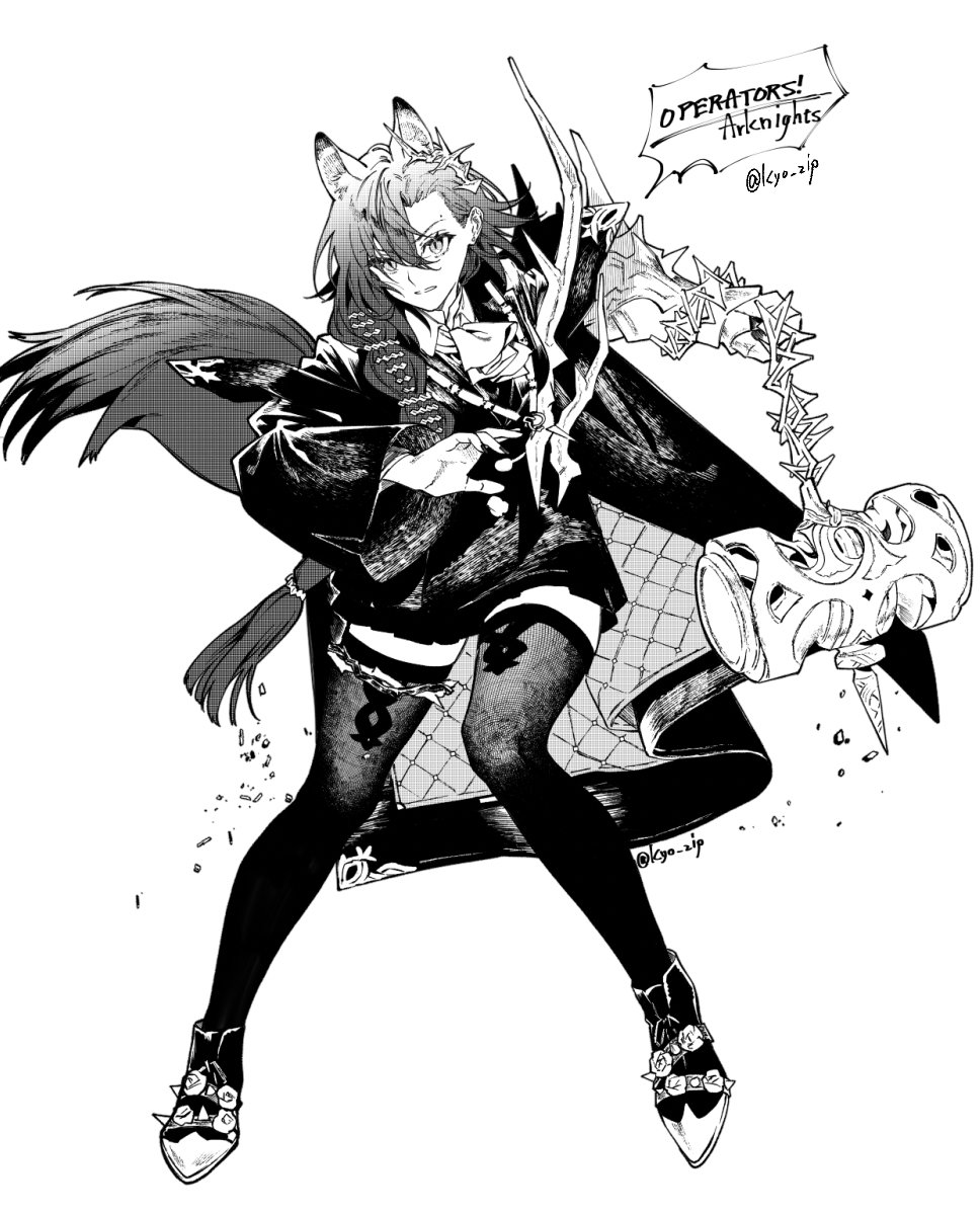 1girl, animal_ears, arknights, braid, coat, copyright_name, gauntlets, greyscale