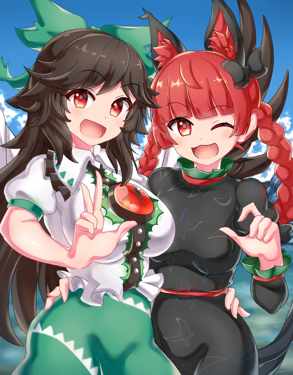 2girls, :3, :d, animal_ears, black_dress, black_hair, blue_sky, bow, braid, breasts, cat_ears, cat_girl, cat_tail, commentary_request, dress, extra_ears, green_bow, green_skirt, hair_bow, hair_flaps, highres, kaenbyou_rin, kappy745, large_breasts, long_hair, long_sleeves, multiple_girls, multiple_tails, open_mouth, outdoors, reiuji_utsuho, short_sleeves, side_braids, skirt, sky, smile, tail, third_eye, touhou, twin_braids, two_tails