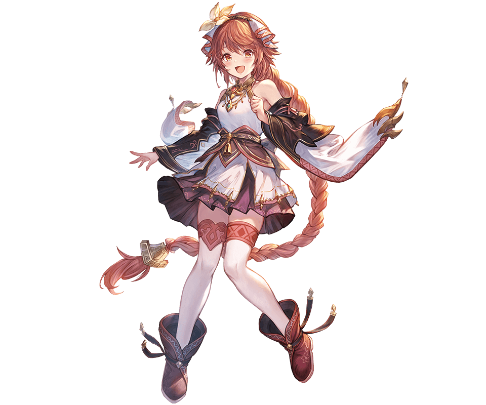1girl, bare_shoulders, boots, braid, braided_ponytail, breasts, brown_eyes, detached_sleeves, fenie_(granblue_fantasy), granblue_fantasy, hairband, long_hair, looking_at_viewer, medium_breasts, official_art, open_mouth, orange_hair, smile, solo, thigh-highs, third-party_source, very_long_hair, white_background