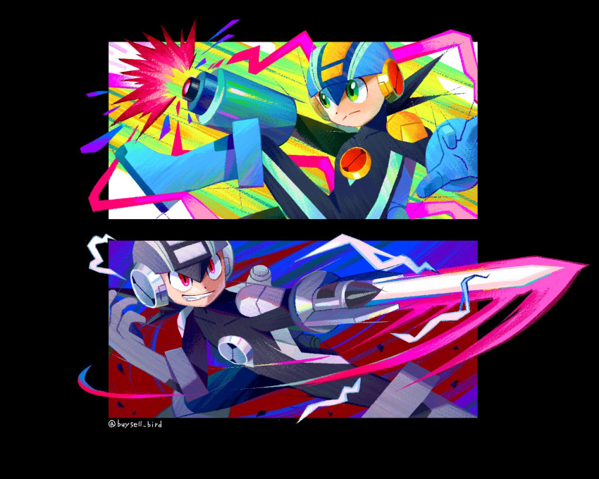 2boys, arm_blade, arm_cannon, black_border, blue_bodysuit, blue_helmet, bodysuit, border