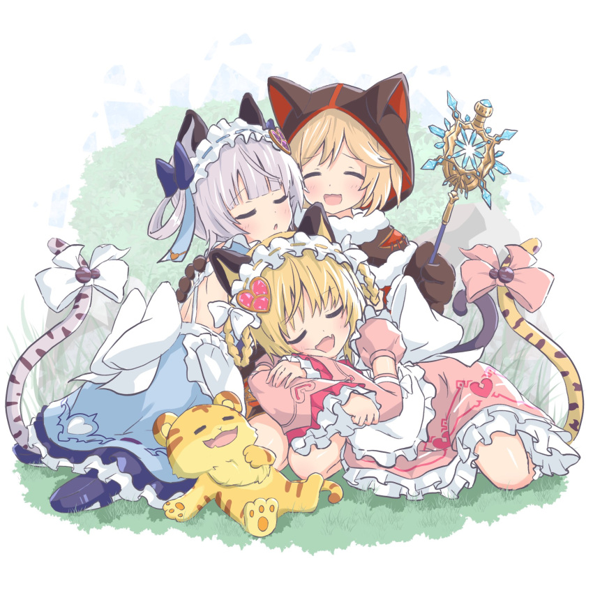 3girls, animal_ears, animal_hood, bai_(granblue_fantasy), blonde_hair, blue_dress, cafe_(owleelcafe), cat_tail