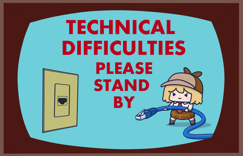 absurdres, blonde_hair, blush_stickers, brown_hat, brown_skirt, cable, chibi, deerstalker