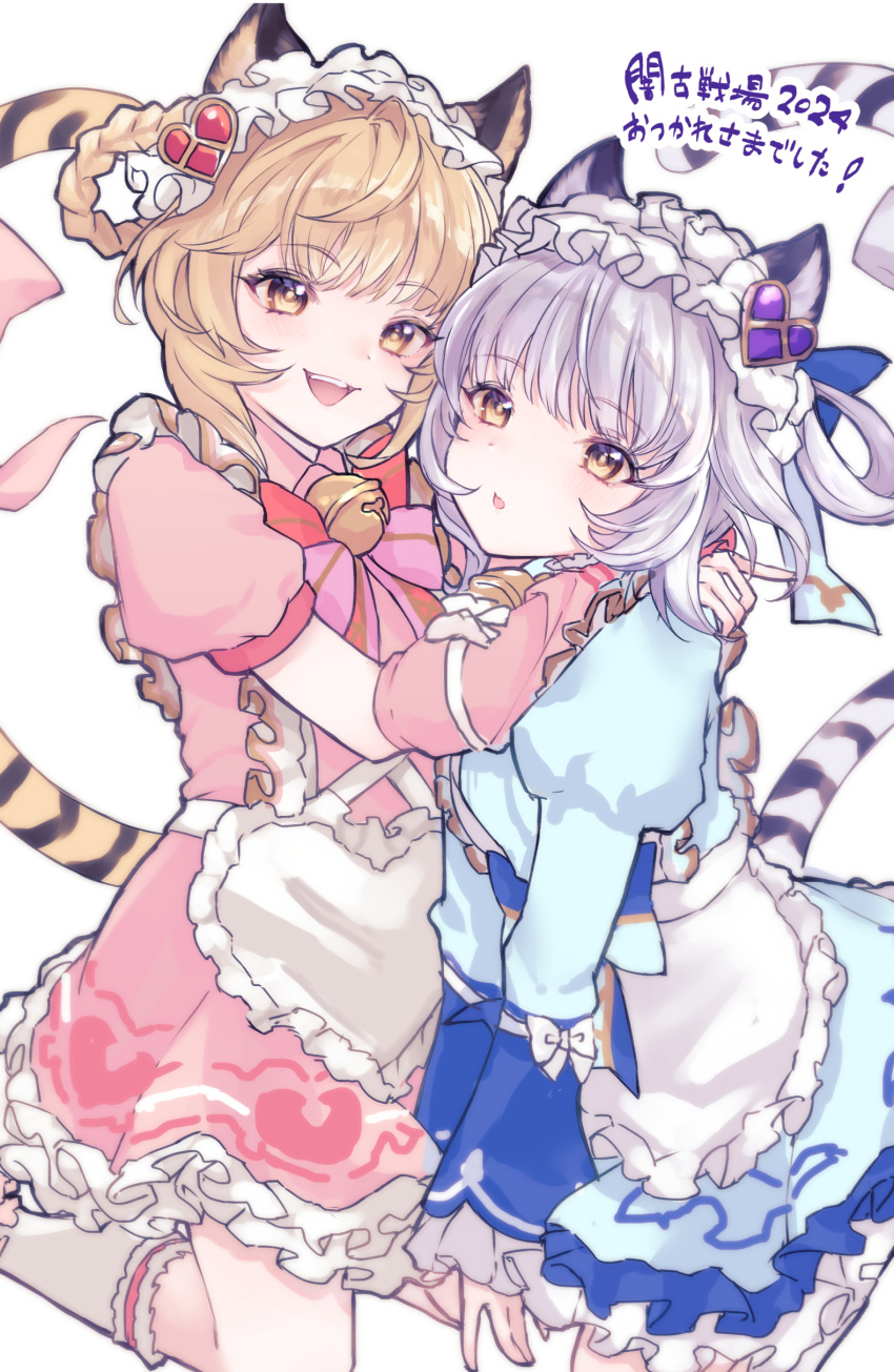 2girls, absurdres, animal_ears, bai_(granblue_fantasy), blonde_hair, blue_dress, dress, granblue_fantasy