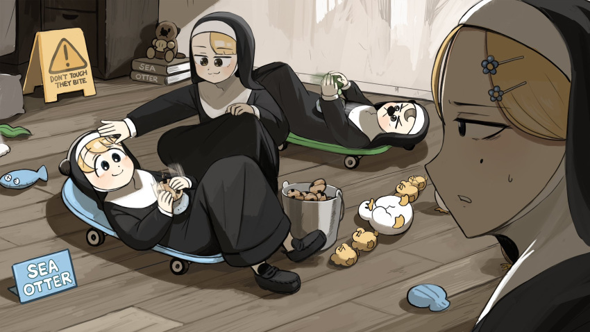 4girls, bird, black_shorts, blonde_hair, blue_eyes, book, broccoli, brown_hair