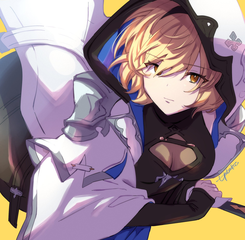 1girl, black_hairband, blonde_hair, fingerless_gloves, gloves, granblue_fantasy, hairband, hatake_oekaki, highres, honing_seeker:_nova, hood, hoodie, jacket, official_alternate_costume, short_hair, single_shoulder_pad, solo, sword, weapon, white_jacket, wide_sleeves
