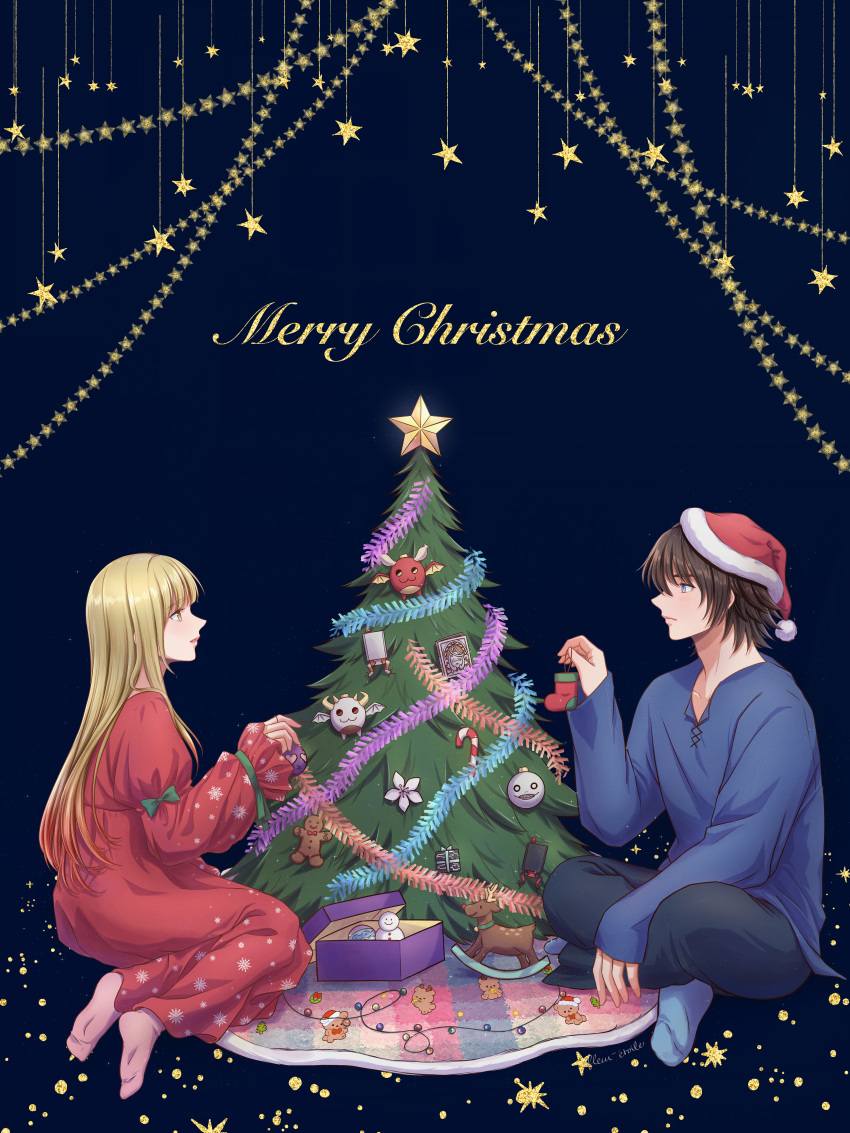 1boy, 1girl, absurdres, angel_(drag-on_dragoon), blonde_hair, blue_background, blue_eyes, blue_shirt