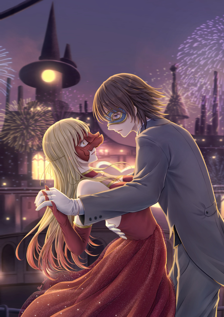 1boy, 1girl, absurdres, angel_(drag-on_dragoon), blonde_hair, blue_eyes, blush, brown_hair