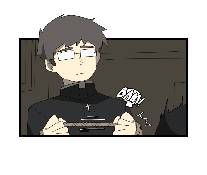 1boy, brown_hair, cross, cross_necklace, english_text, glasses, gomulgong, jewelry